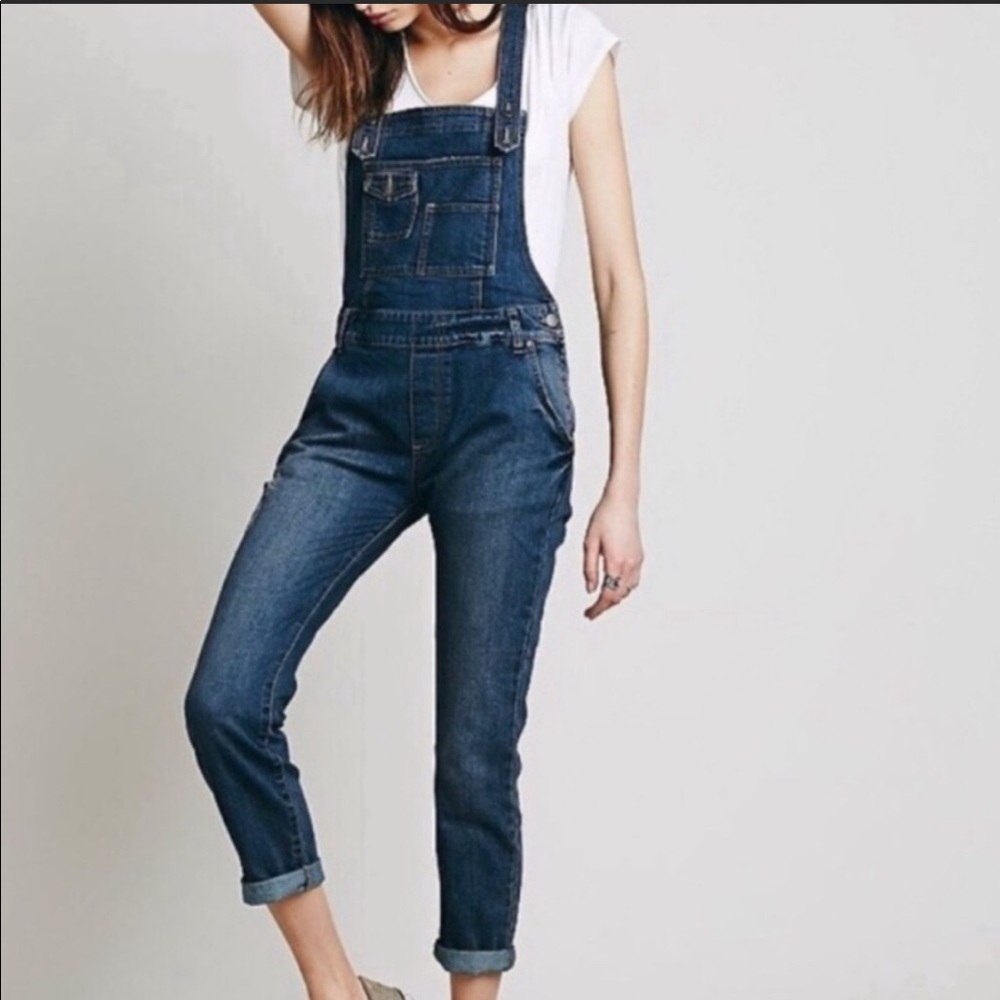 Free People Blue Distressed Denim Overalls